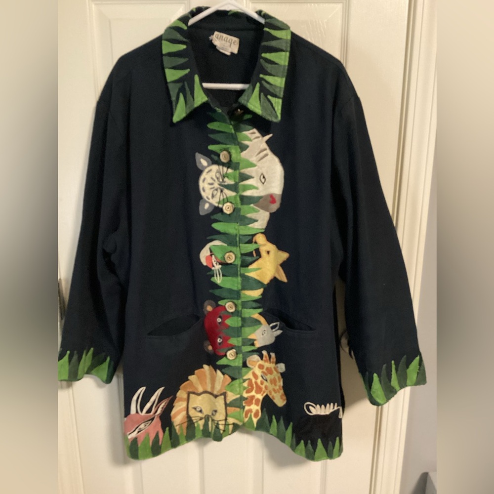 Vintage Anage embroidered button-up coat with a playful design-size large
